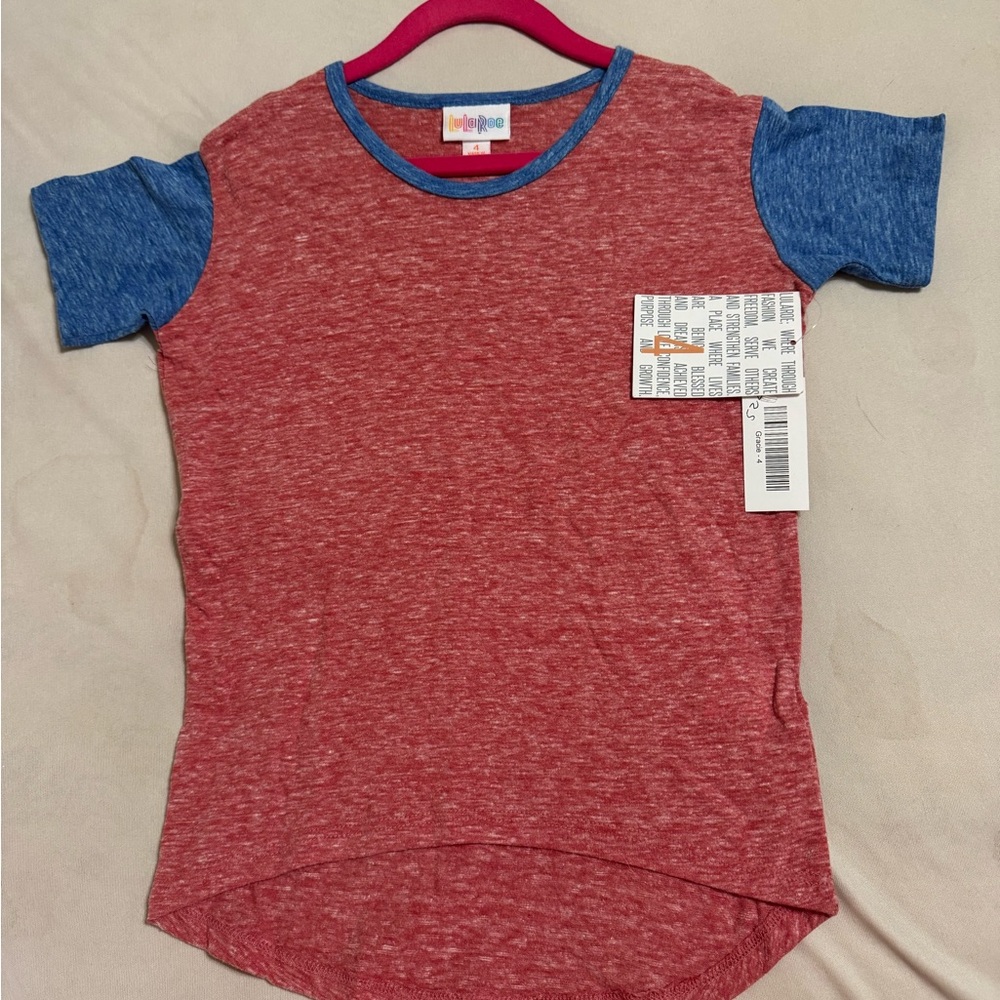 LuLaRoe Red Body with Blue Raglan Sleeves Kids Tee-Gracie style